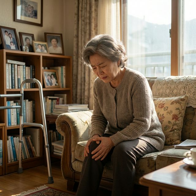 밝은 거실에 앉아 허리나 무릎을 부여잡고 통증과 걱정스러운 표정을 짓고 있는 60대 여성